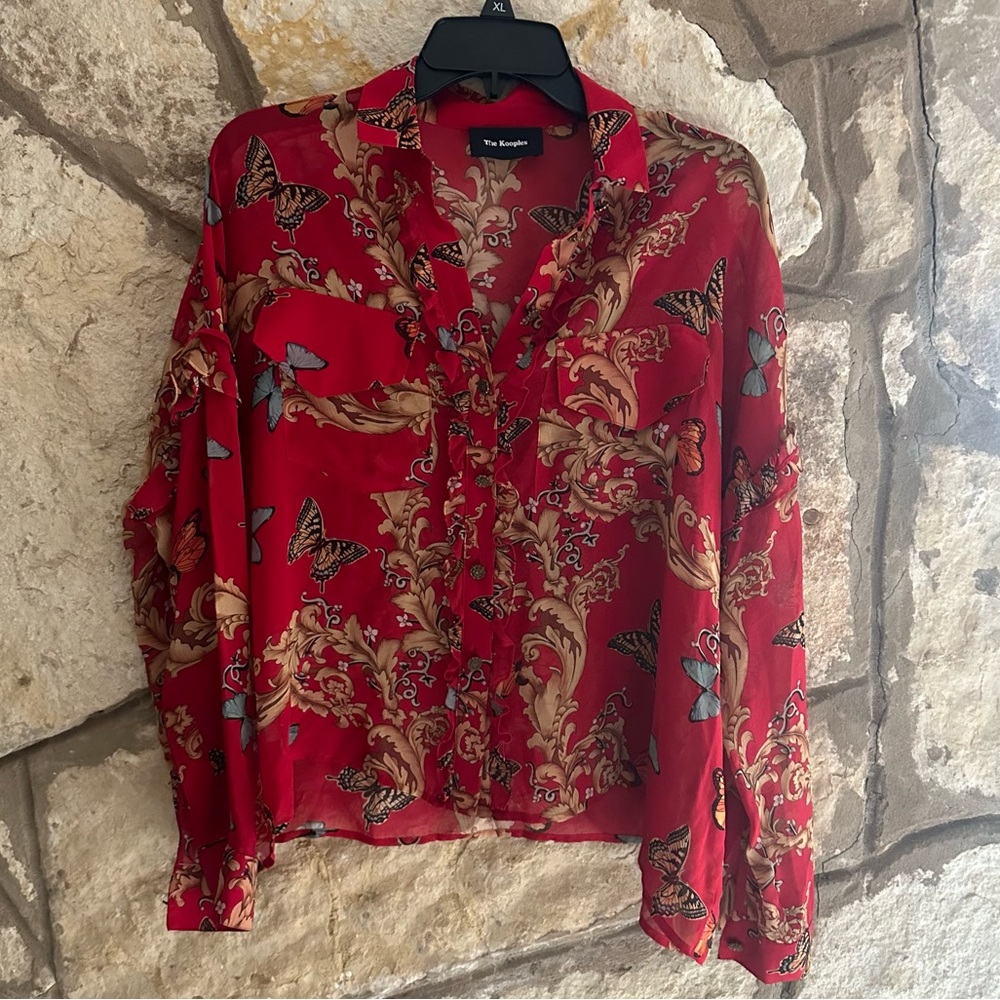 SOLD 100% Silk The Kooples Butterfly and Ruffled leaf Silk Button Up Sheer Red B - Picture 1 of 4